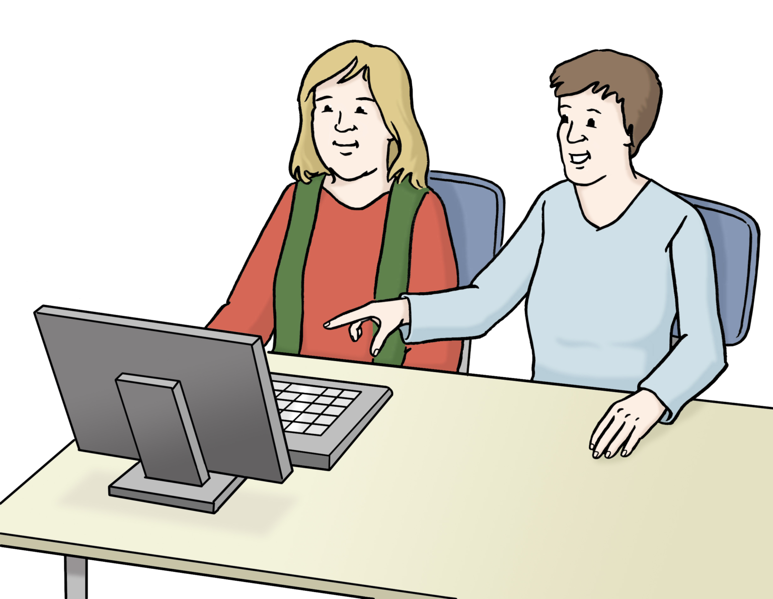 Das Bild zeigt zwei Personen, die vor einem Computer sitzen. Eine Person zeigt der anderen etwas im Computer. Das Bild zeigt zwei Personen, die vor einem Computer sitzen. Eine Person zeigt der anderen etwas im Computer.