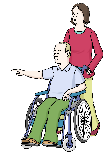 Auf dem Bild sieht man einen Mann im Rollstuhl. Hinter ihm ist eine Frau, die den Rollstuhl schiebt. Der Mann zeigt ihr mit dem Finger die Richtung. Auf dem Bild sieht man einen Mann im Rollstuhl. Hinter ihm ist eine Frau, die den Rollstuhl schiebt. Der Mann zeigt ihr mit dem Finger die Richtung.