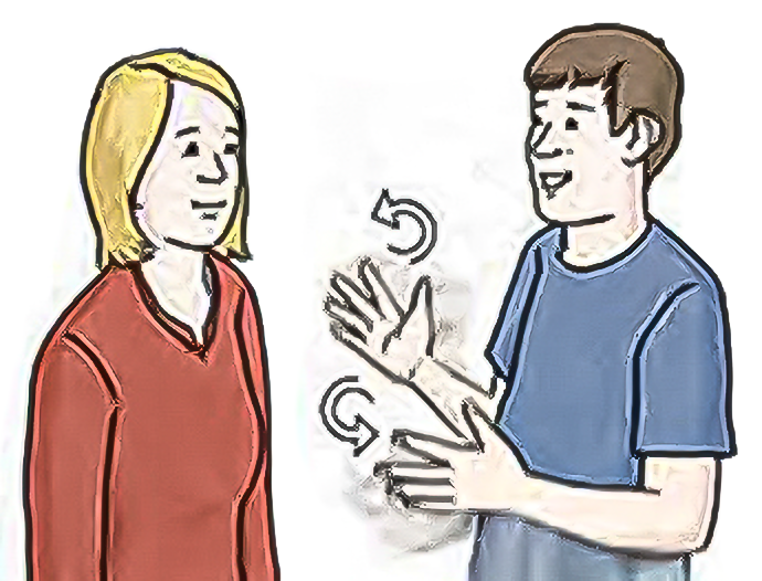 Das Bild zeigt zwei Personen, die zueinander blicken. Eine Person macht Gebärden mit den Händen. Das Bild zeigt zwei Personen, die zueinander blicken. Eine Person macht Gebärden mit den Händen.